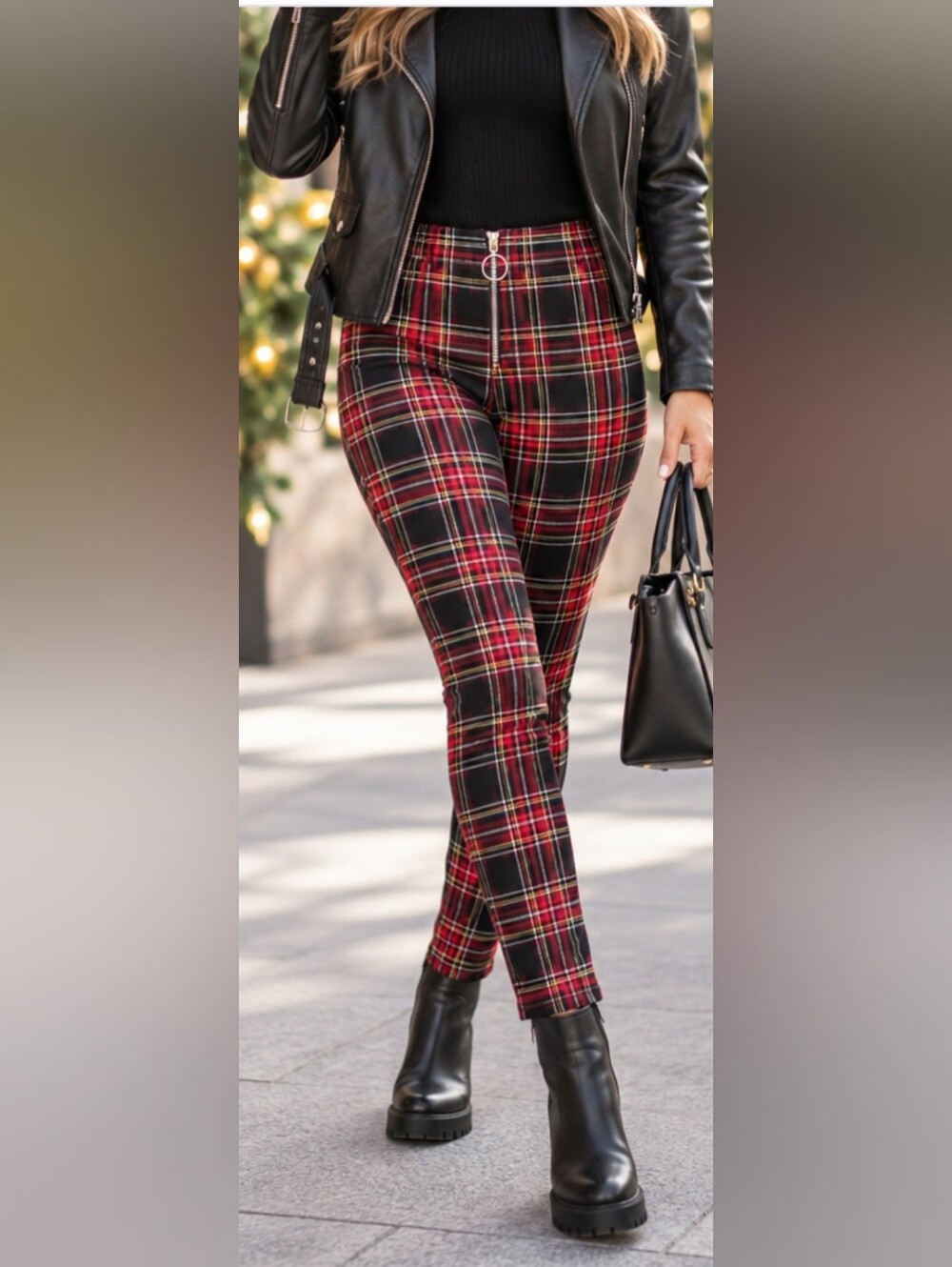ZARA Red Black Tartan Plaid High Waist Skinny Pants Size Large Punk Preppy